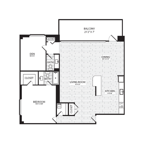 Floor plan for 1 bed, 1.5 baths, 1100 sqft